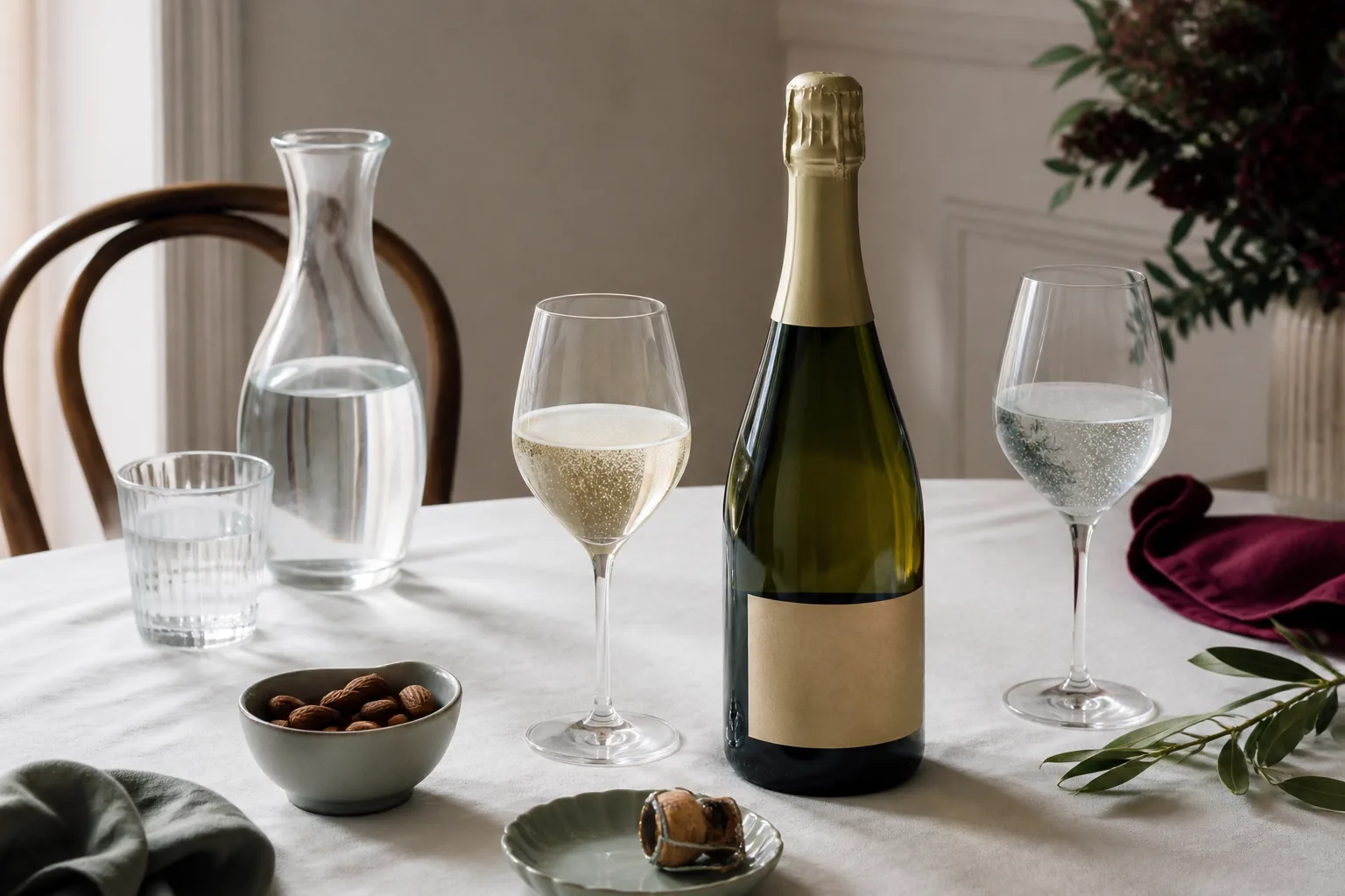 Champagne på tilbud: ansvarlig borddækning med vand og alkoholfrit alternativ