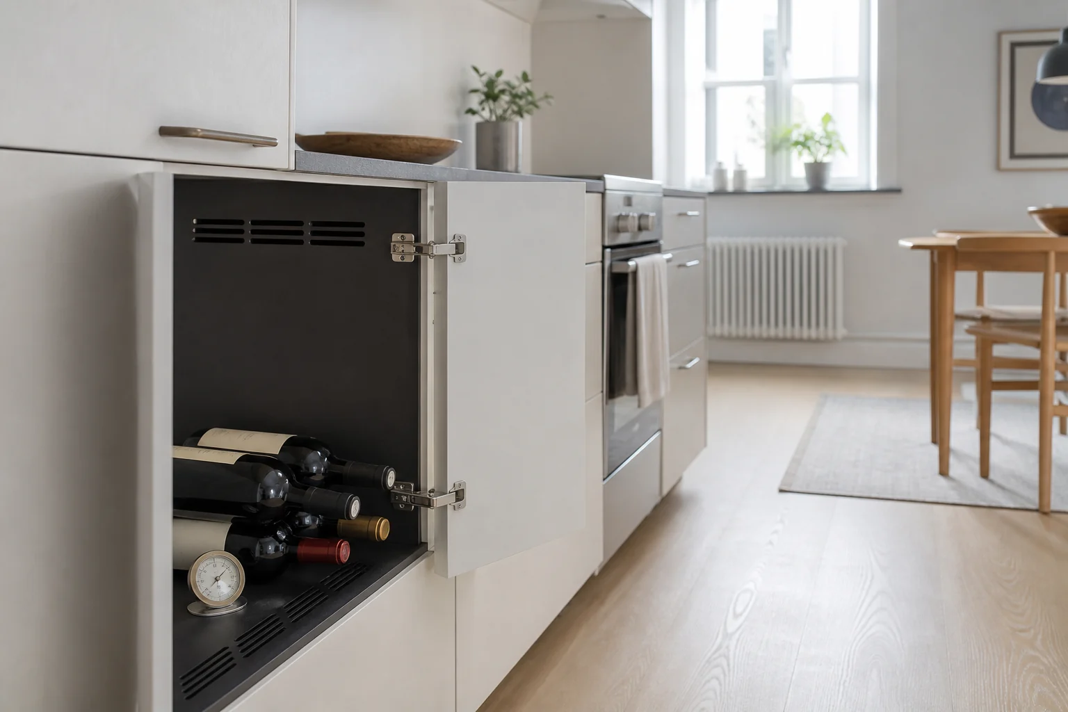 Vinflasker i et lavt, mørkt skab i en lejlighed