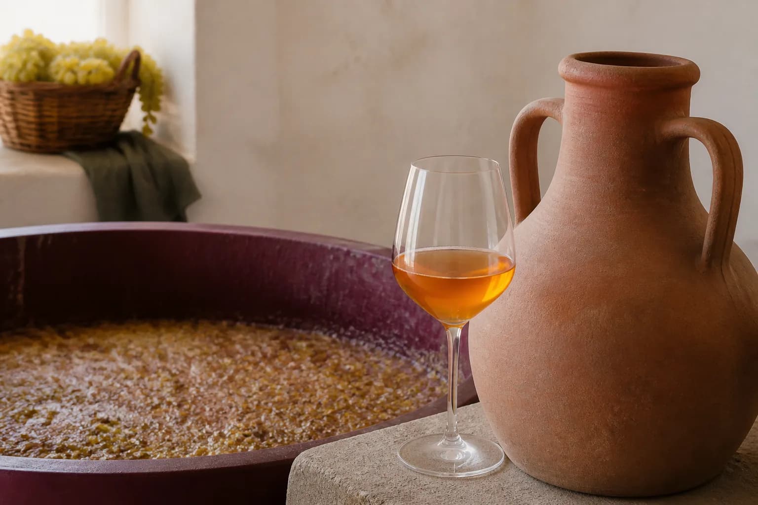 Orangevin: vin serveret i et egnet tulipanformet glas