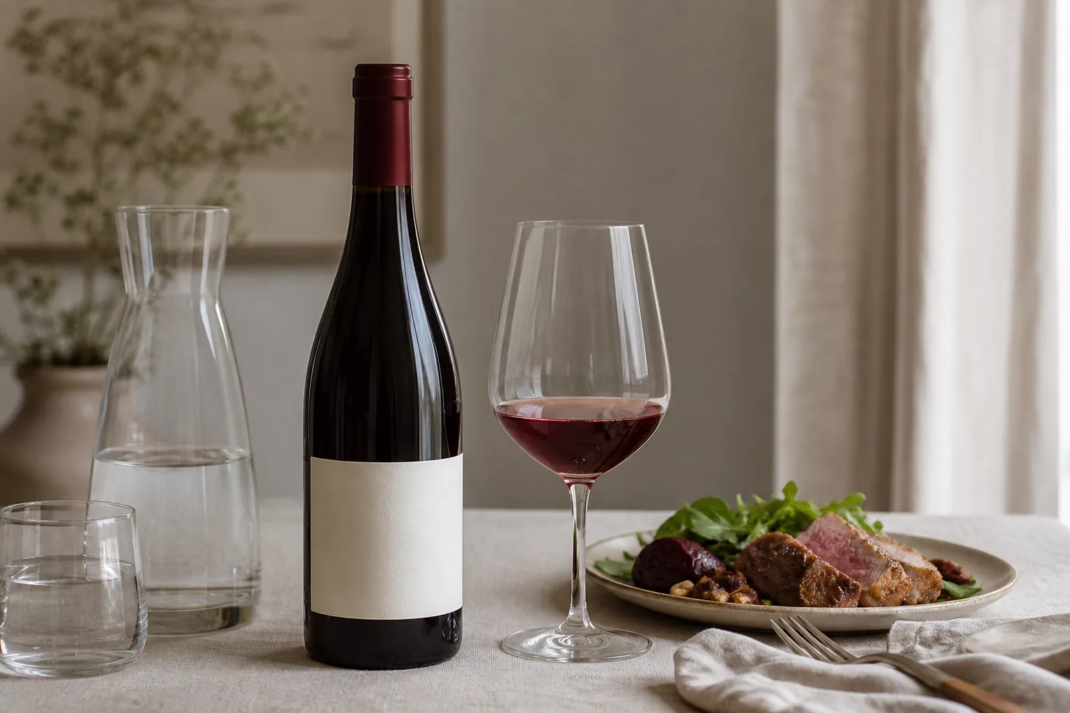 Pinot noir på tilbud: ansvarlig borddækning med vand og alkoholfrit alternativ