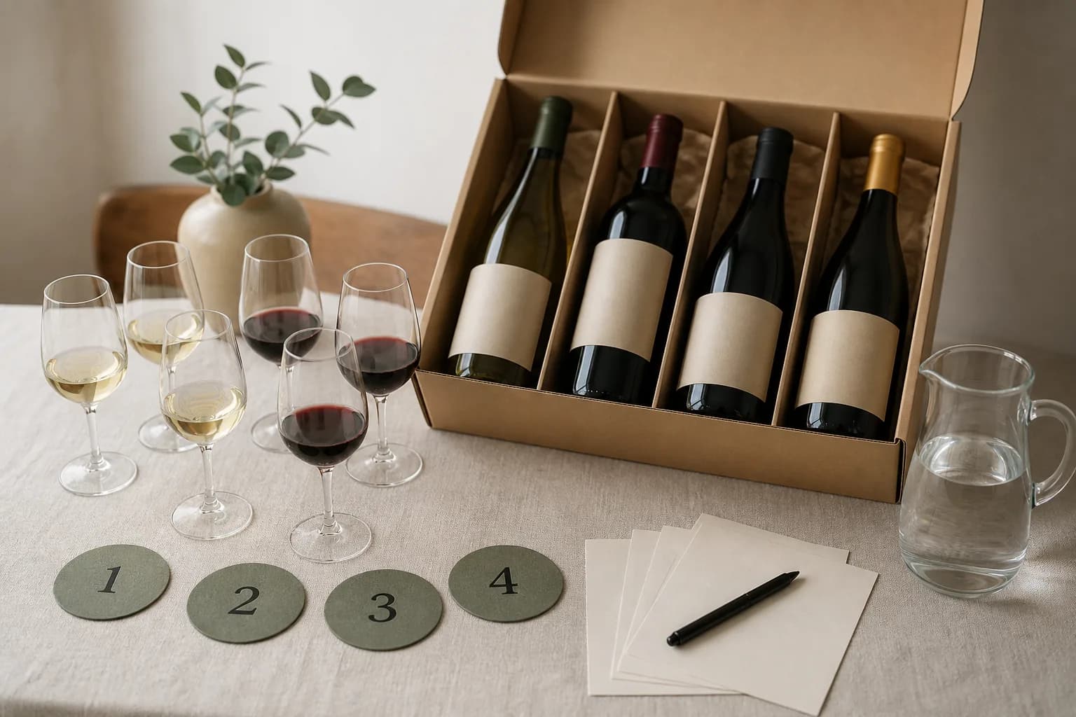 smagekasse med vin: tasting notes and glasses