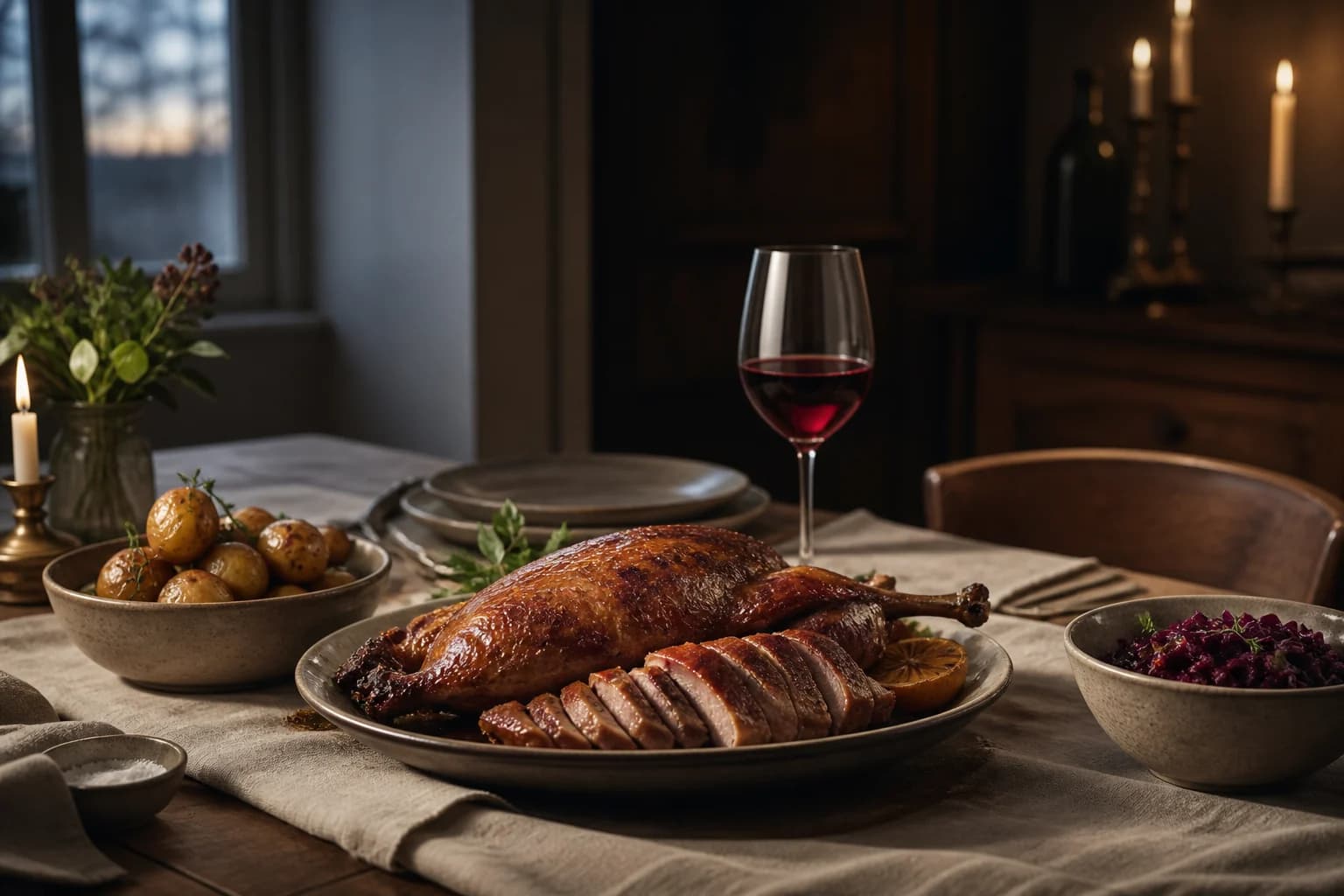 Klassisk andesteg med rødkål, kartofler og et glas let rødvin
