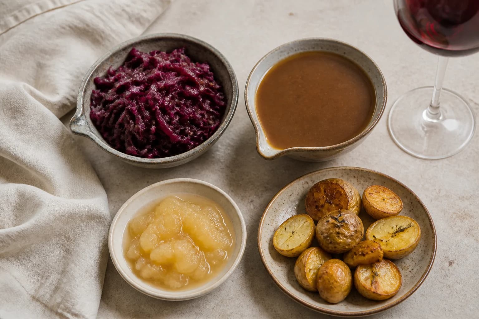 Rødkål, brun sauce, æblekompot og kartofler set ovenfra
