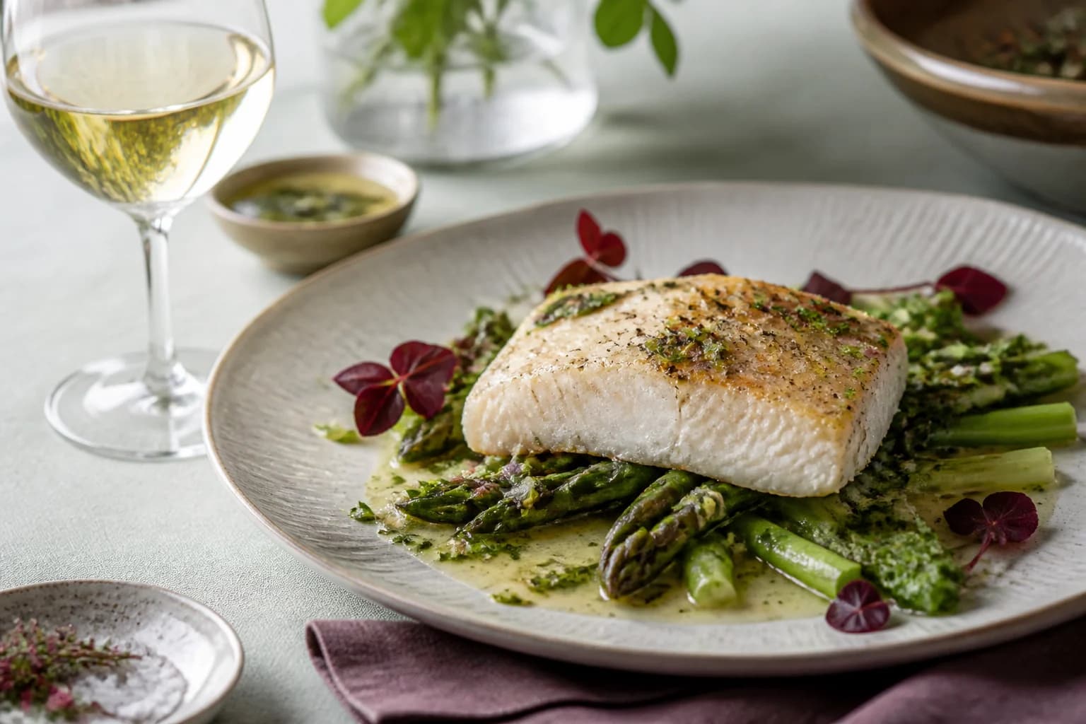 Hvid fisk med asparges, urtesauce og tør hvidvin