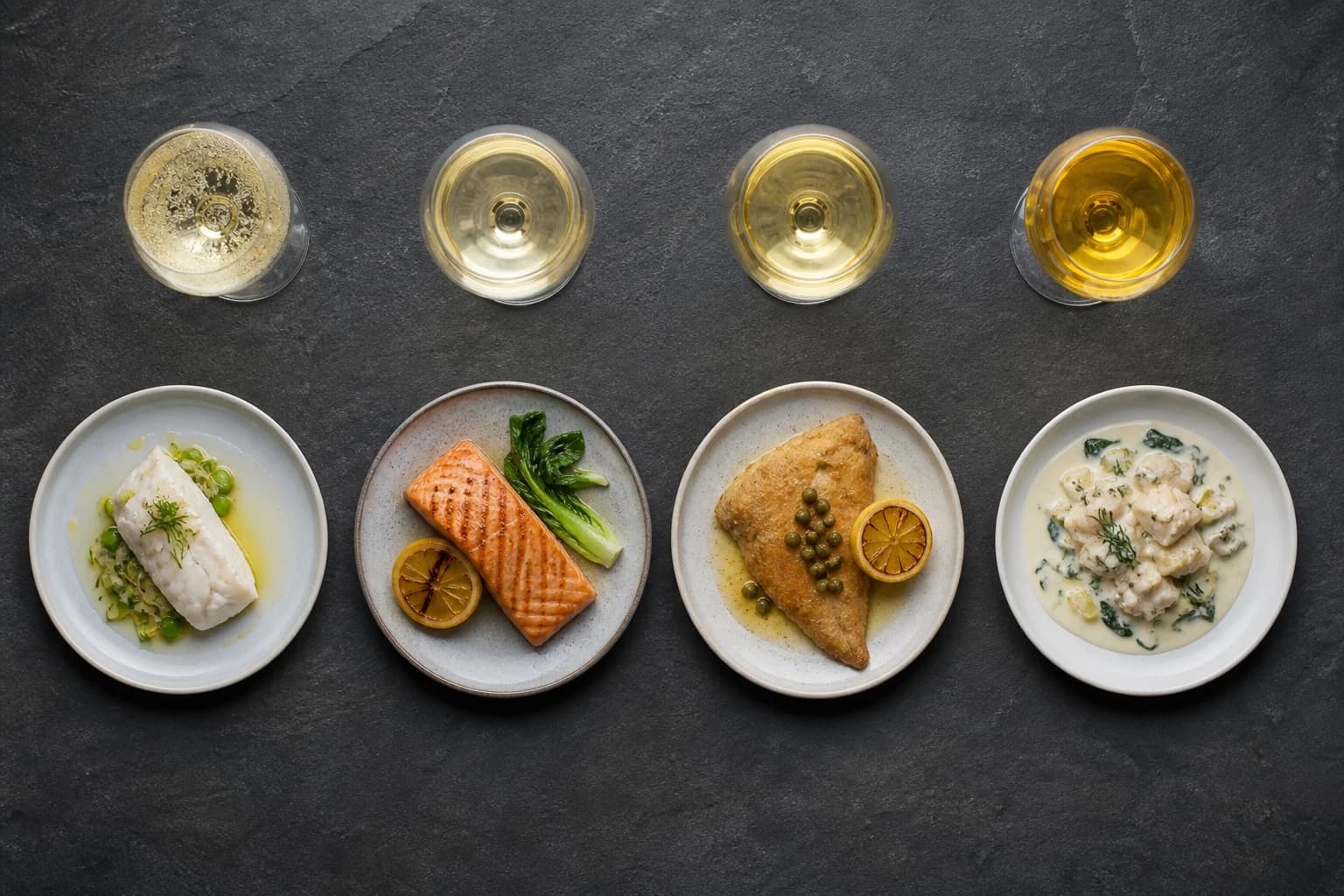 Fire tilberedninger af fisk med fire lyse vinstile set ovenfra