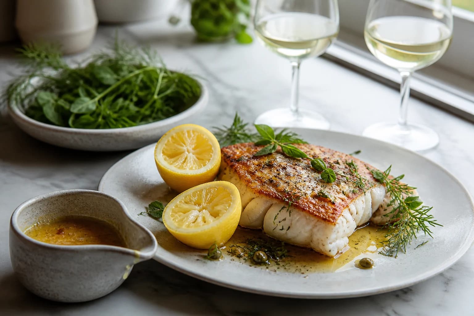 Pandestegt hvid fisk med citron, brunet smør og hvidvin