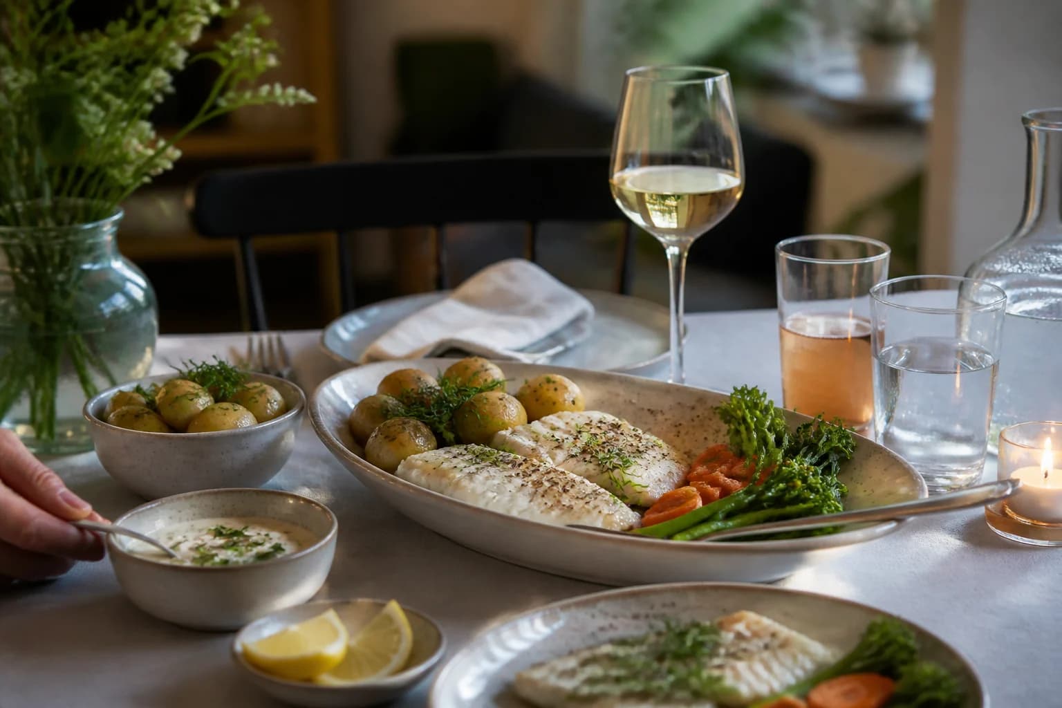 Fiskemiddag med vin, mousserende te og vand