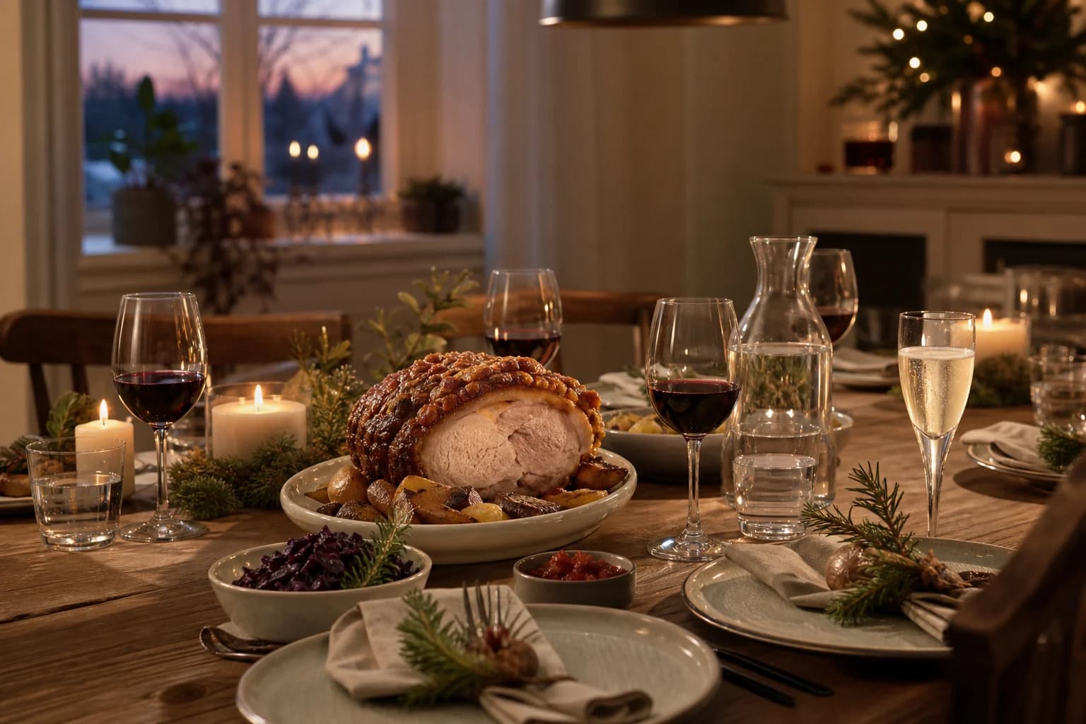 Julebord med flæskesteg, vand, vin og alkoholfri bobler