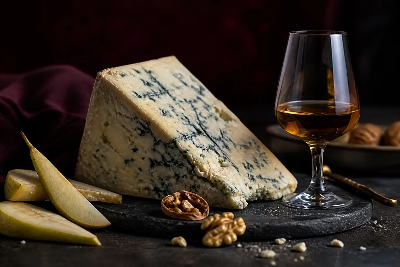Blåskimmelost, pære, valnødder og sød ravfarvet vin