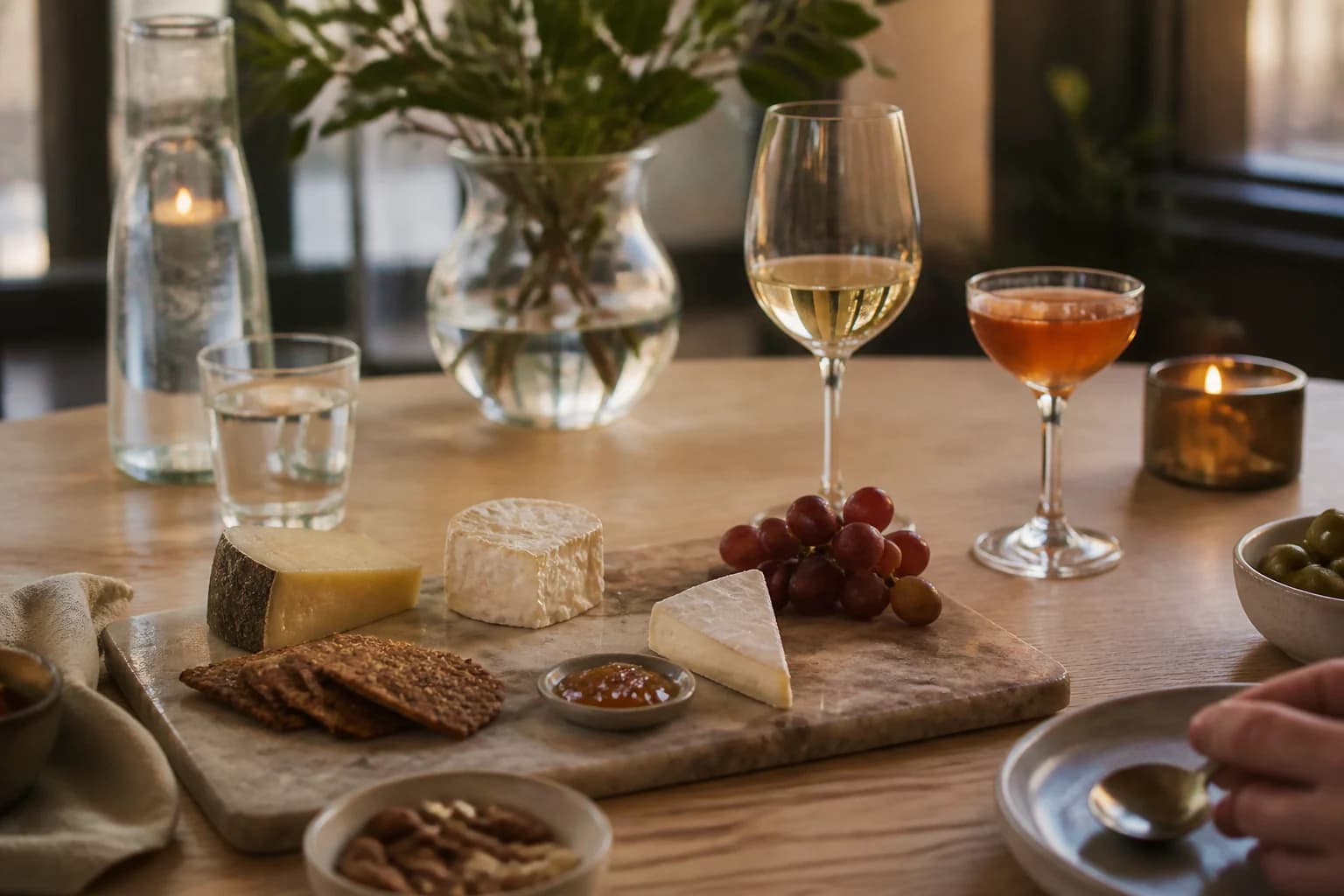 Ostebord med vin, mousserende te og vand