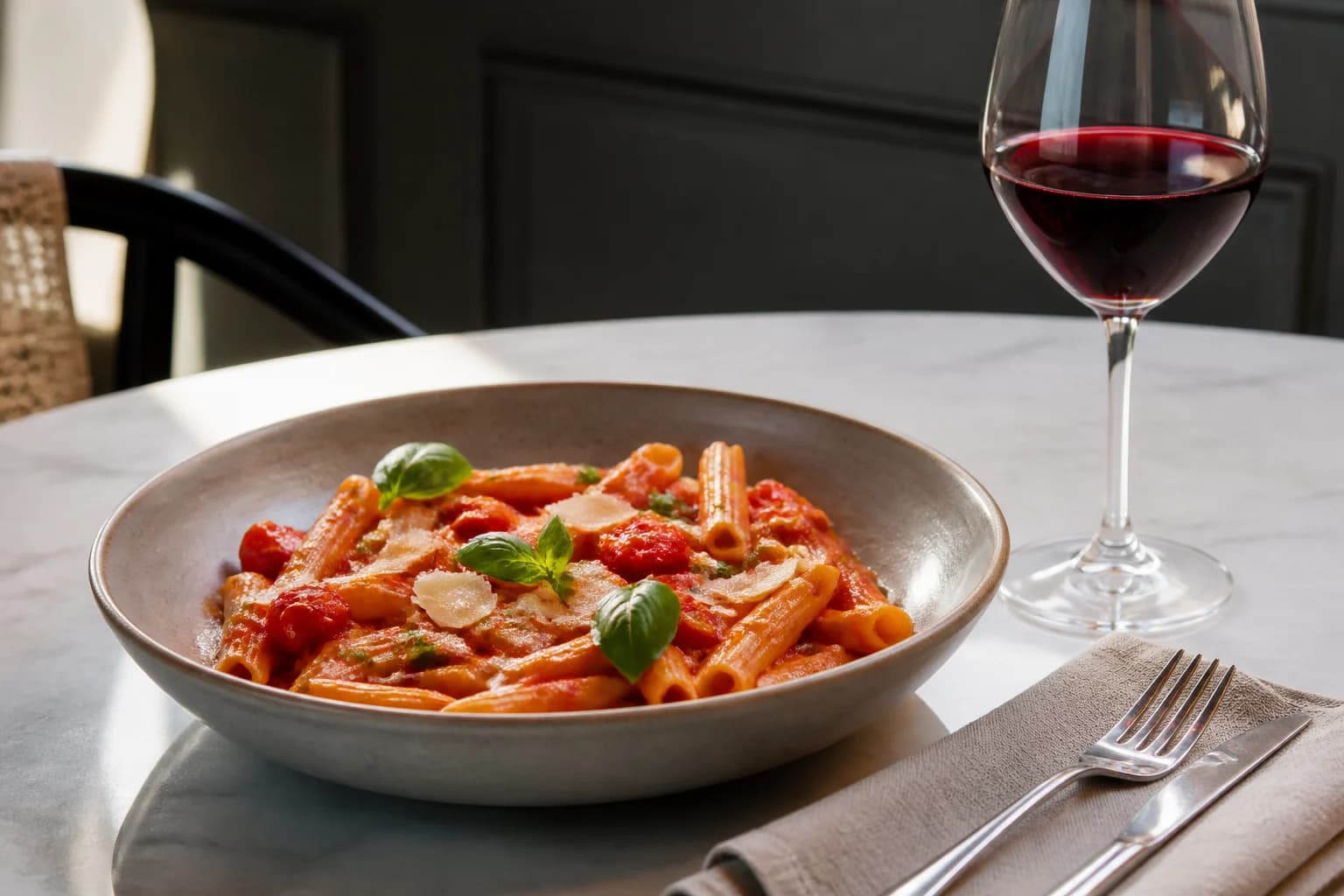 Pasta med tomatsauce, basilikum og et glas frisk rødvin