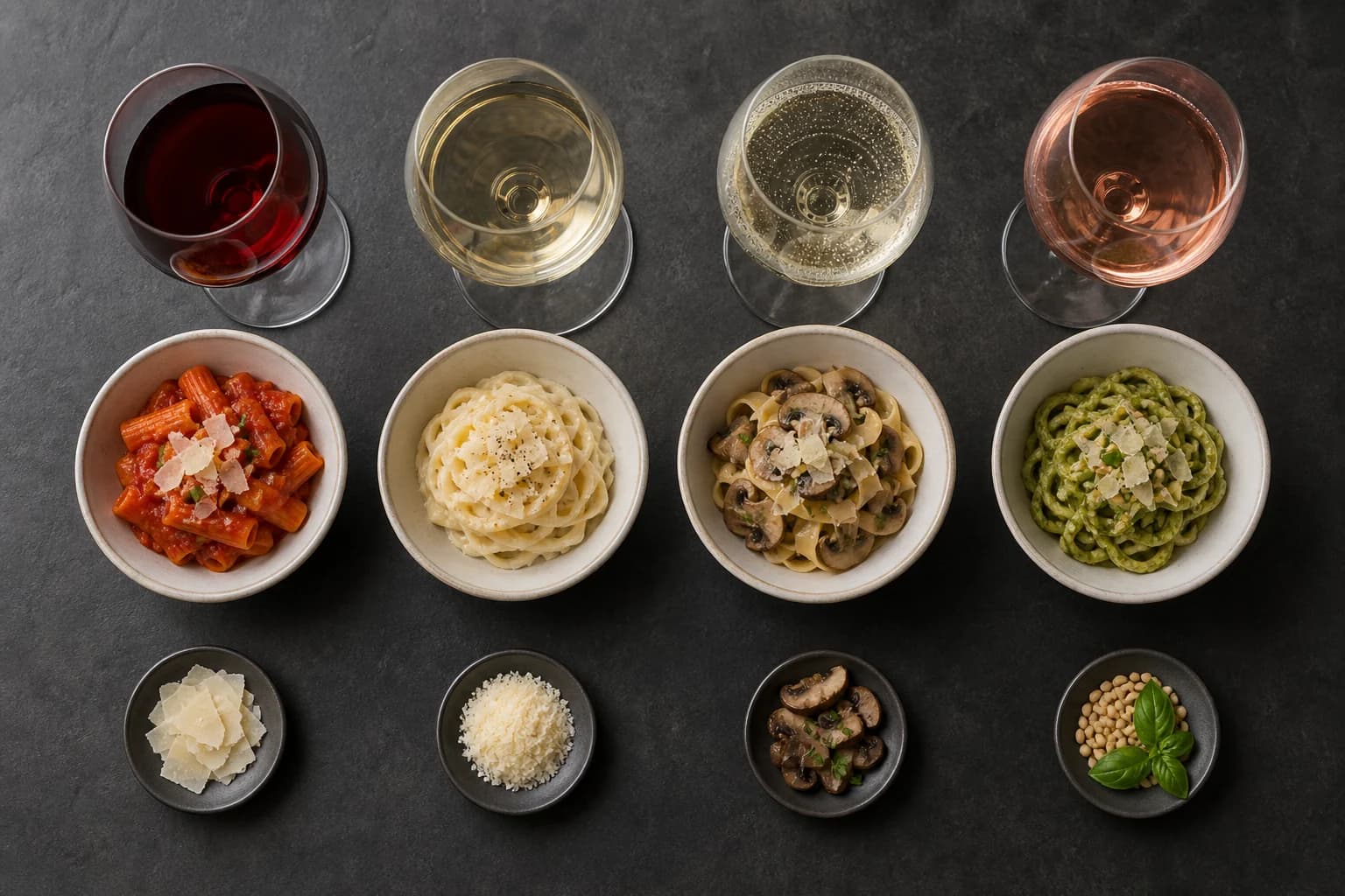 Fire pastasaucer med fire vinstile set ovenfra