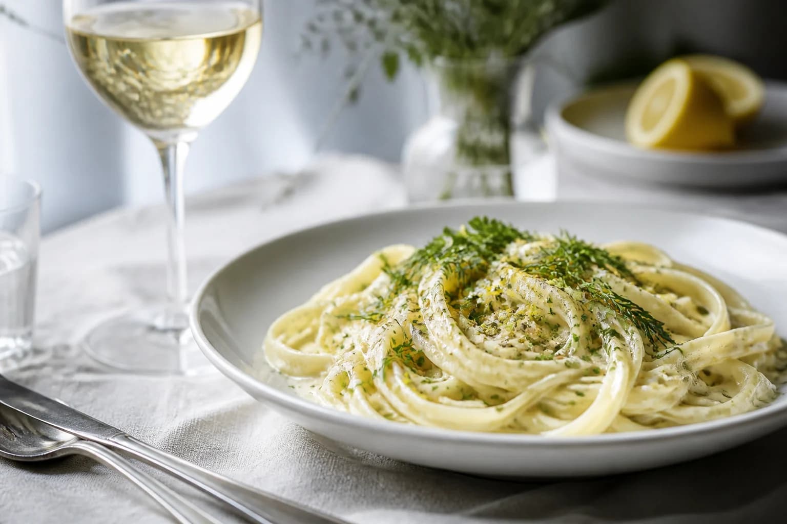 Cremet citron- og urtepasta med et glas hvidvin