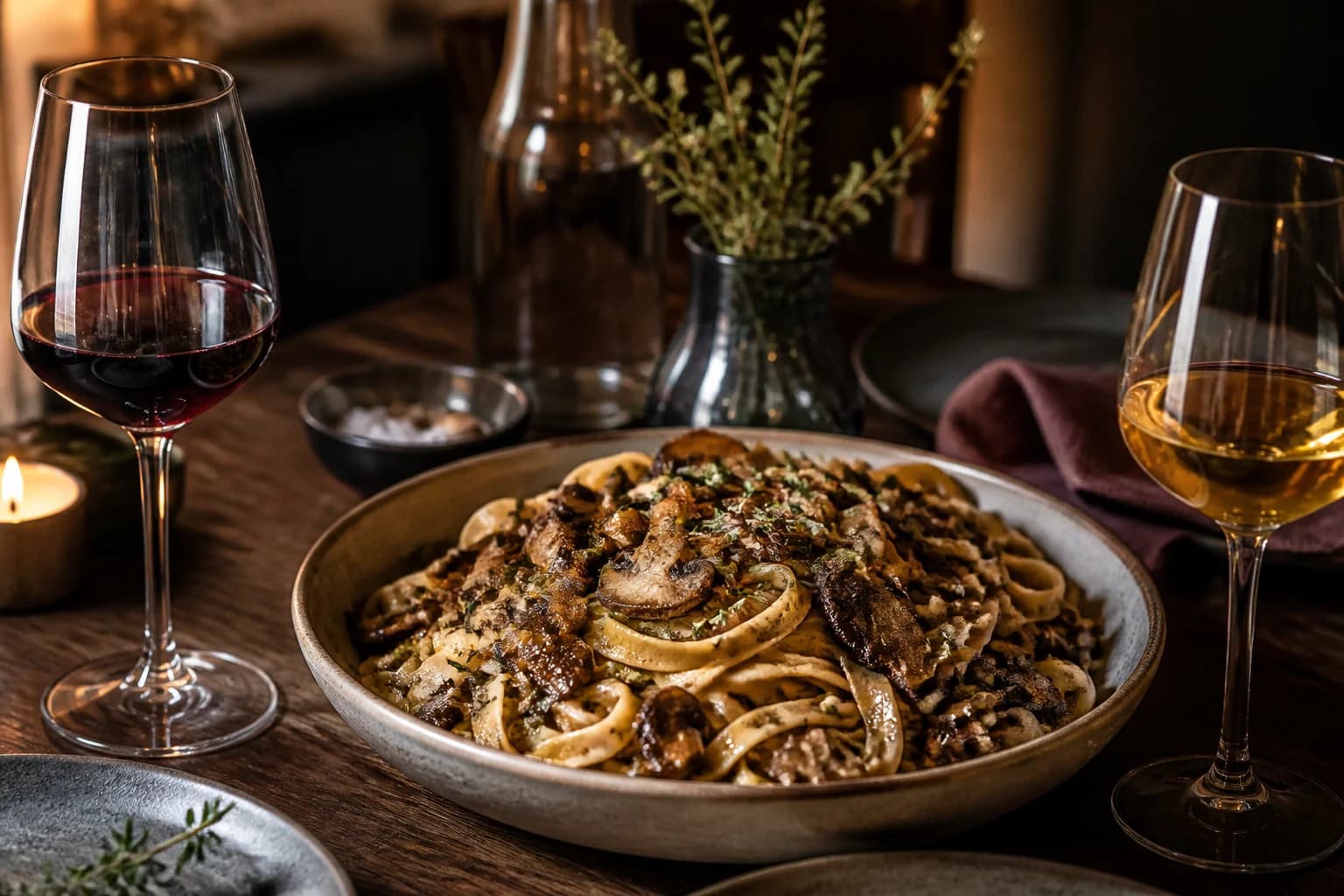 Svampepasta med lys rødvin og ravfarvet hvidvin