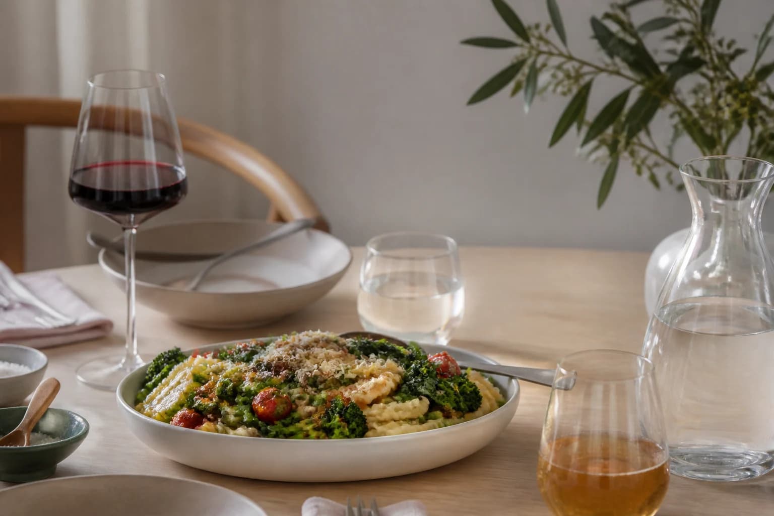 Grøntsagspasta med vin, mousserende te og vand