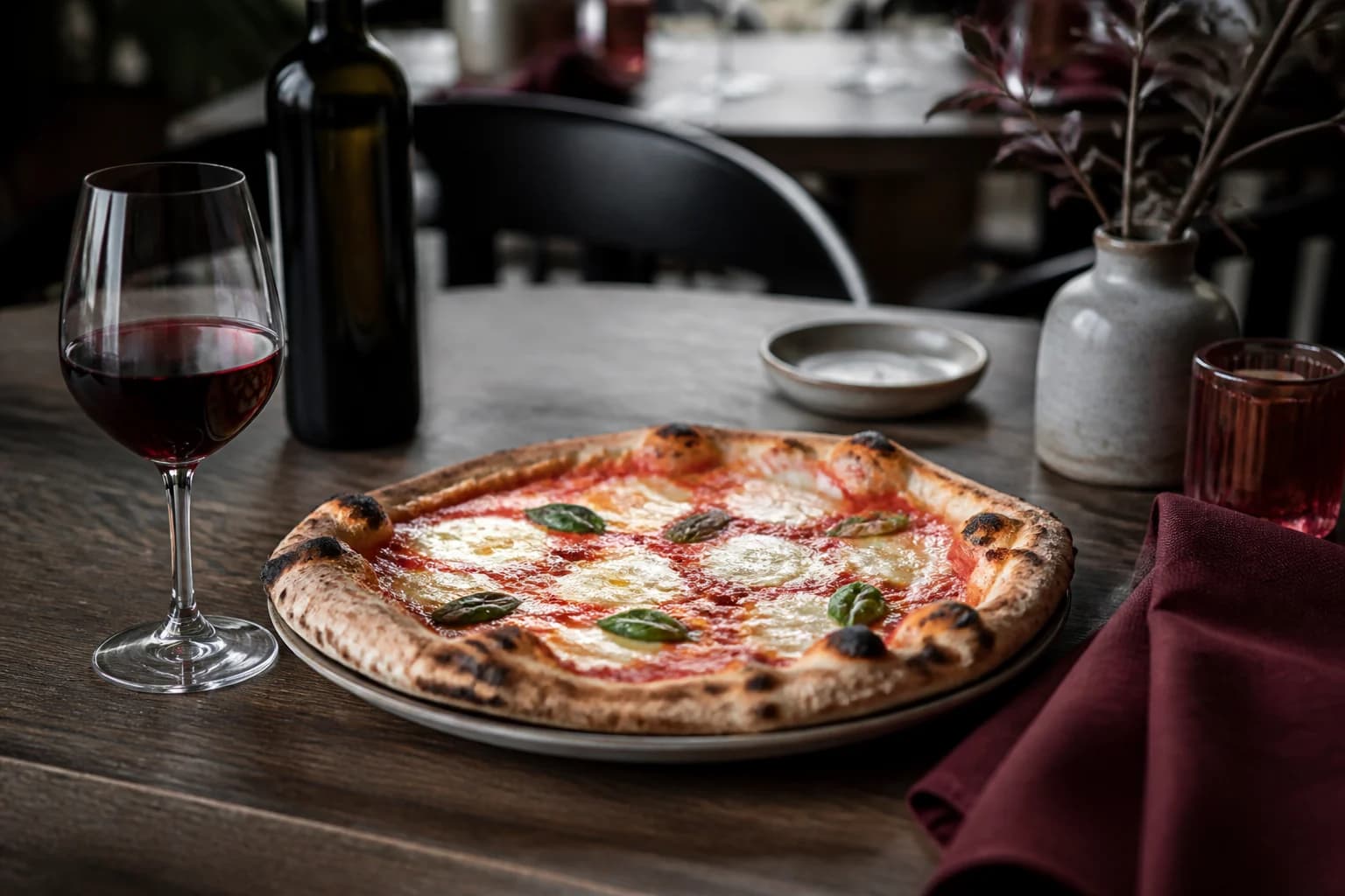 Margherita-pizza med et glas saftig rødvin