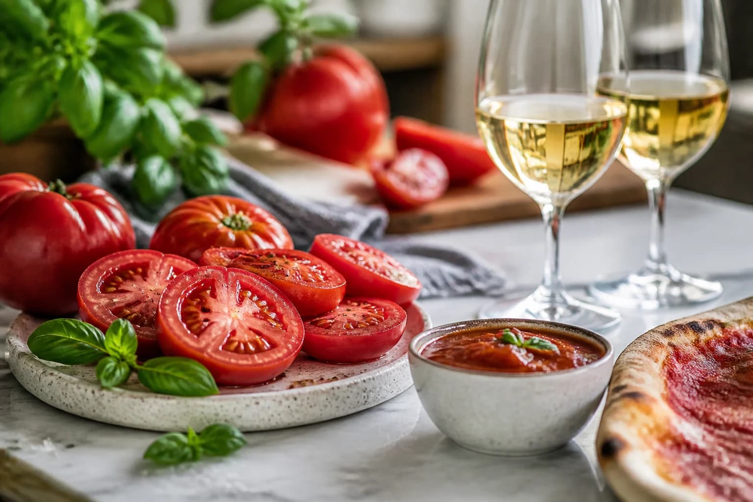 Tomater, basilikum, tomatsauce og tør hvidvin