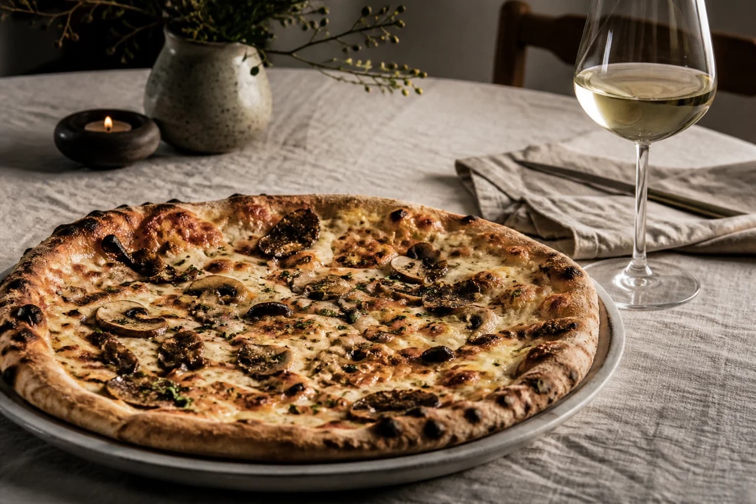 Hvid svampepizza med et glas teksturrig hvidvin