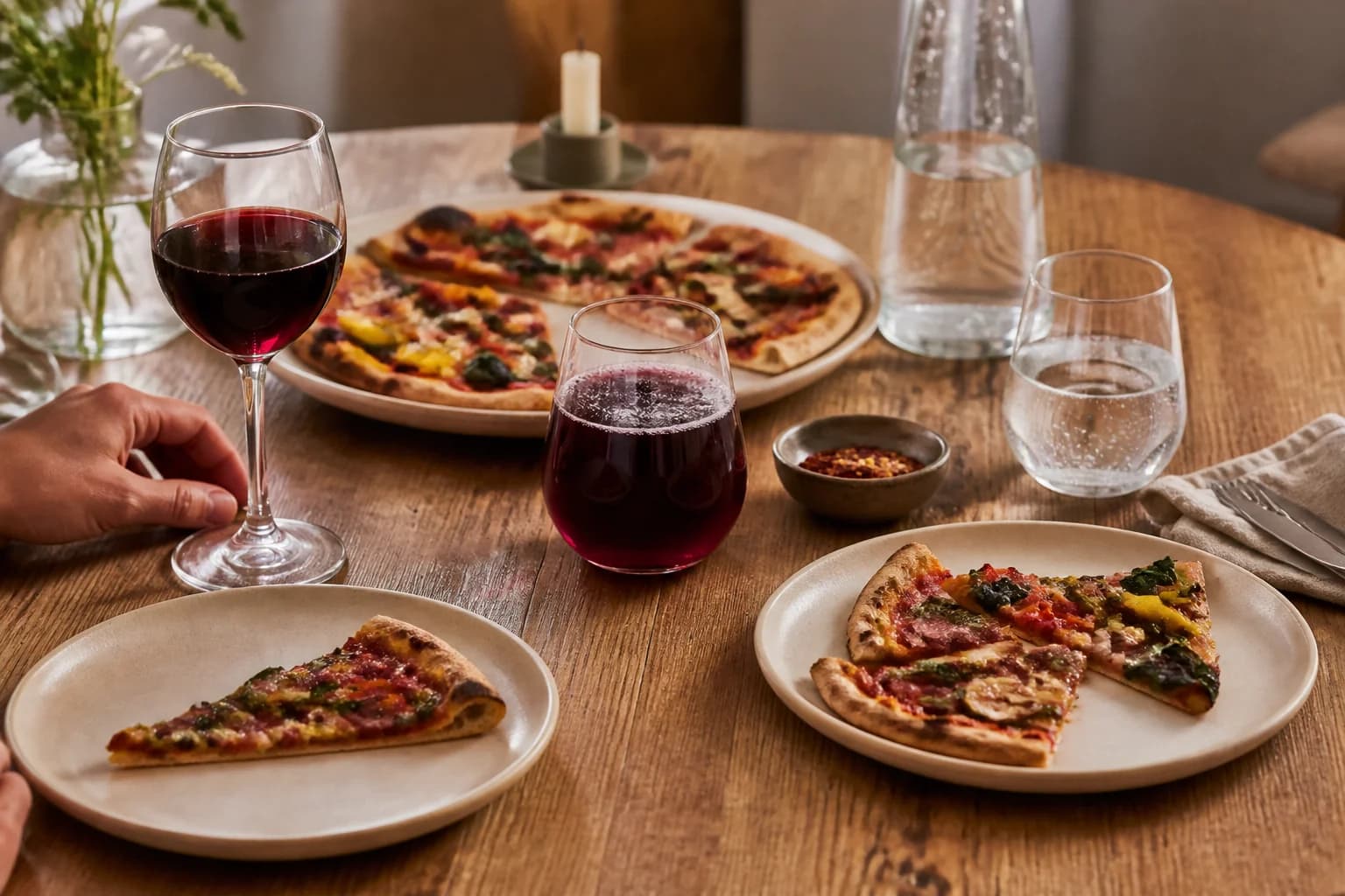 Blandet pizzabord med vin, alkoholfri bærdrik og vand