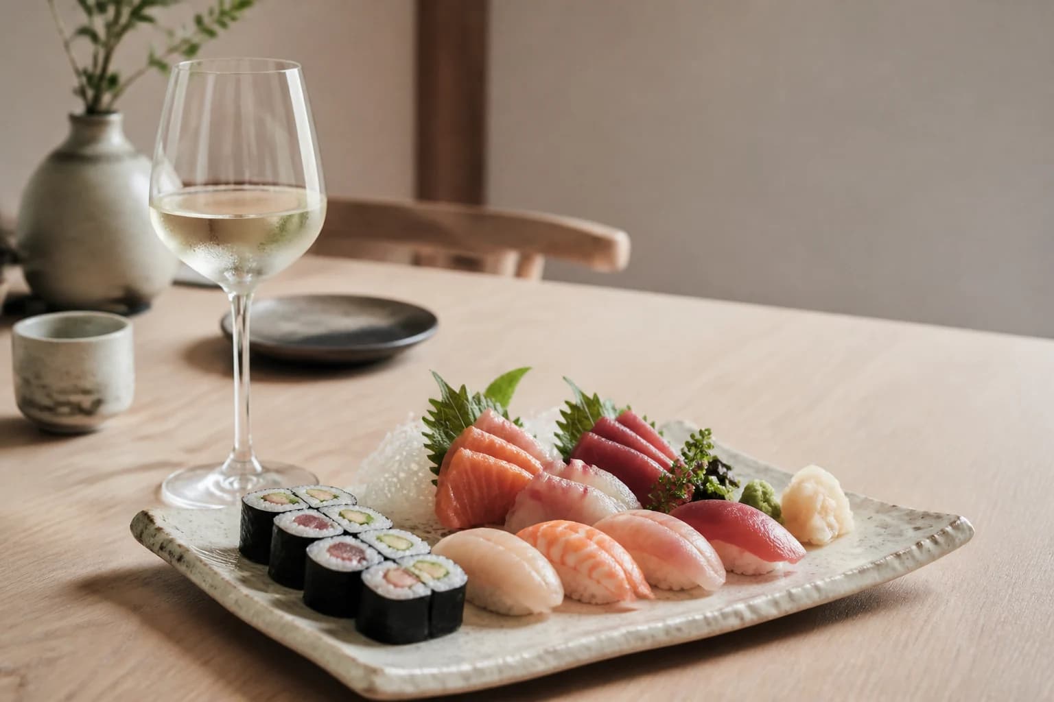 Sushi med nigiri, maki og sashimi ved et glas tør hvidvin