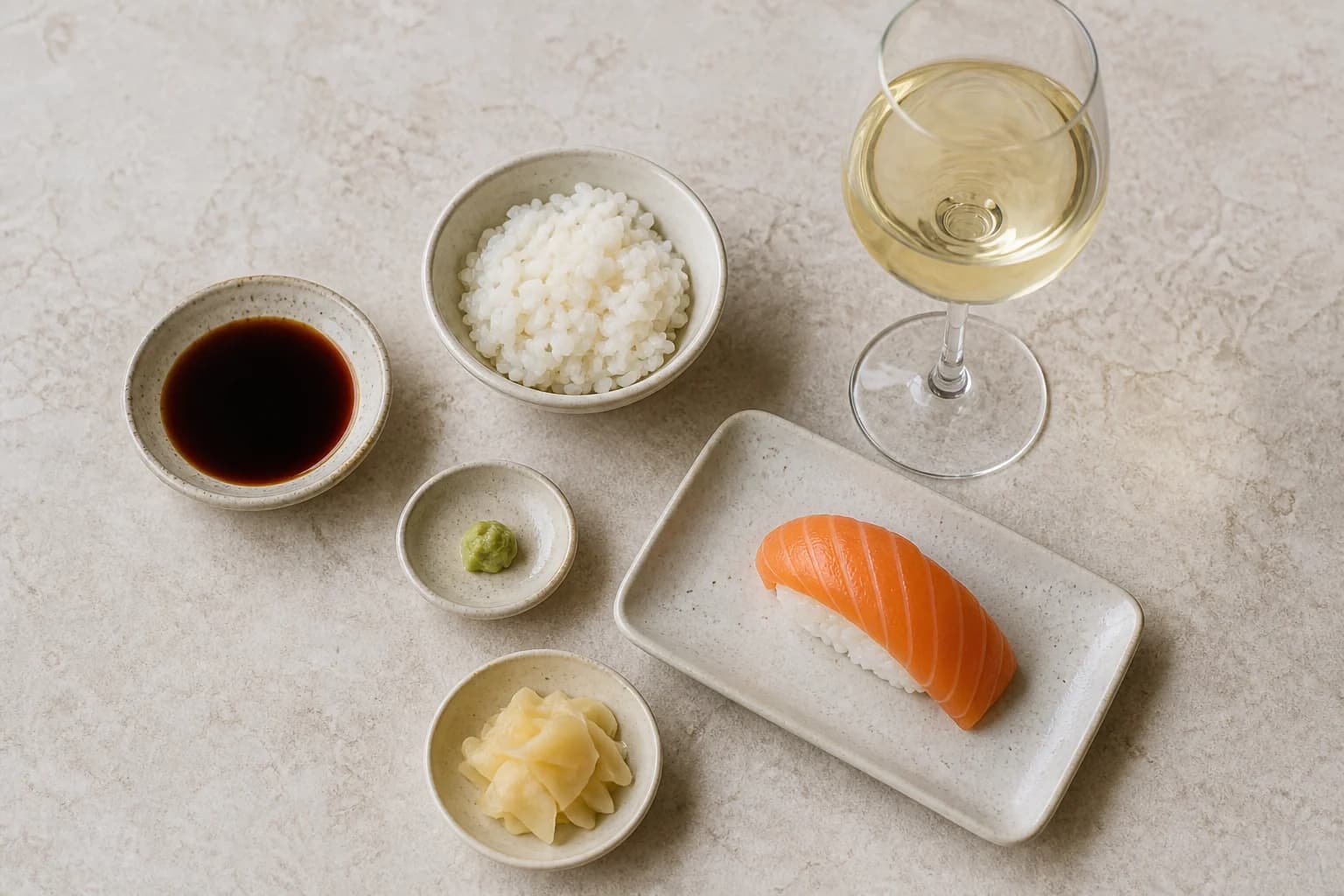Soja, ris, wasabi, ingefær og laksenigiri set ovenfra
