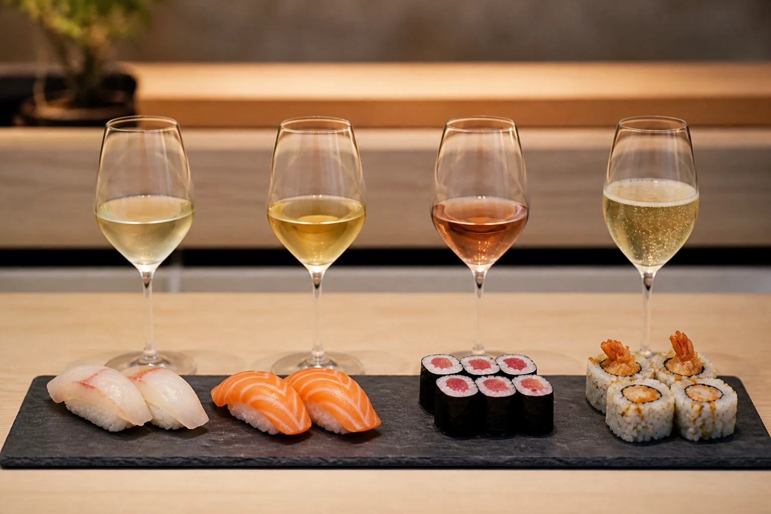 Fire sushistile med fire lyse vinglas