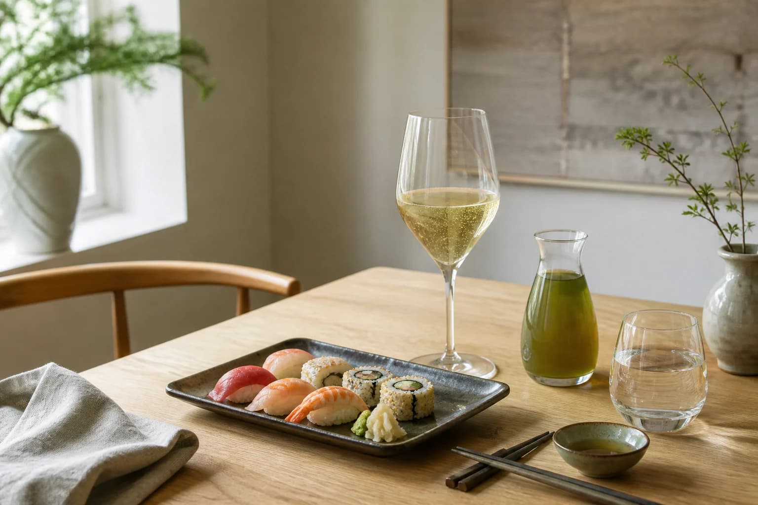 Sushi med mousserende te, grøn te og vand