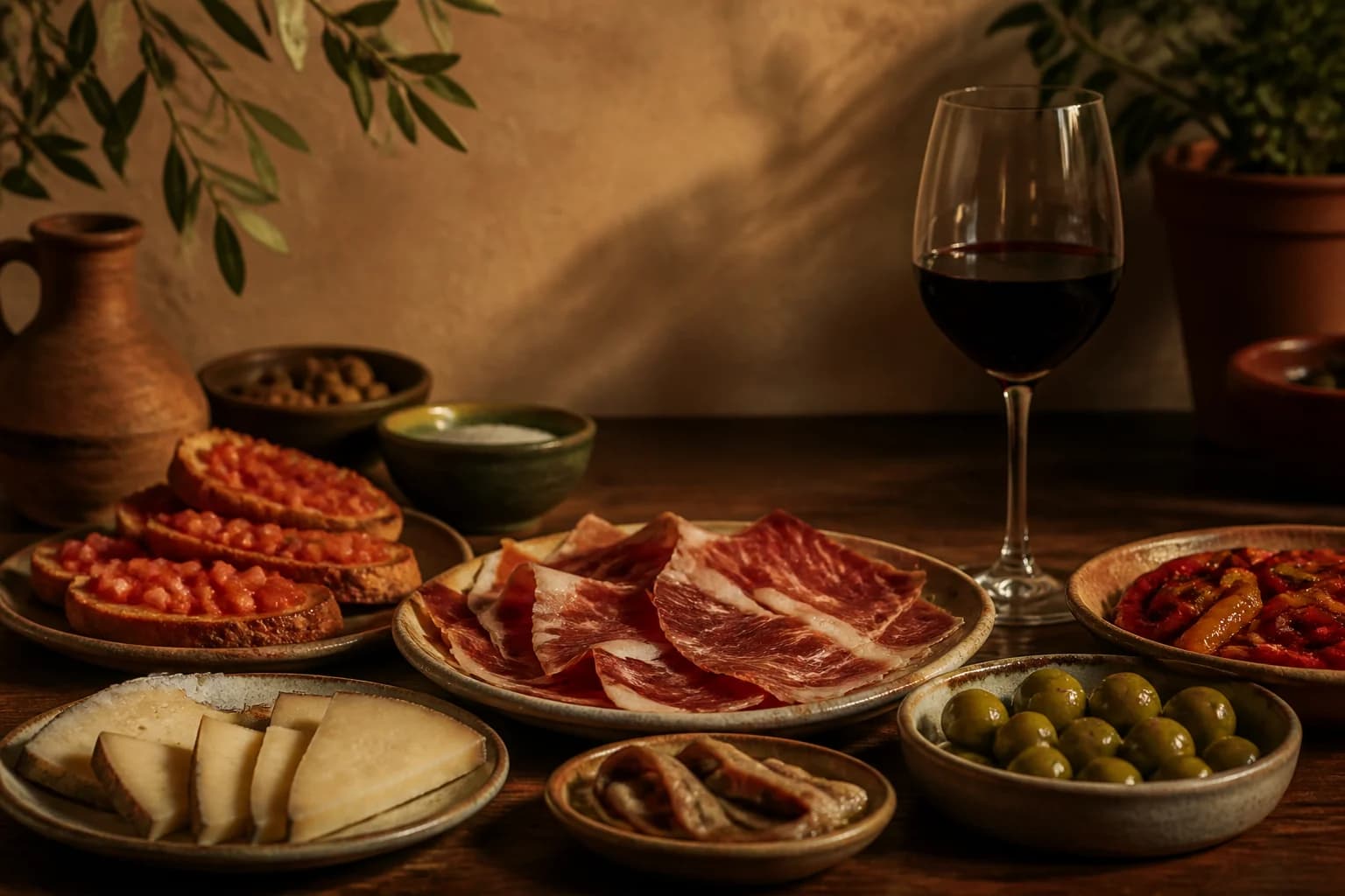 Tapas med skinke, manchego, oliven, ansjoser og rødvin