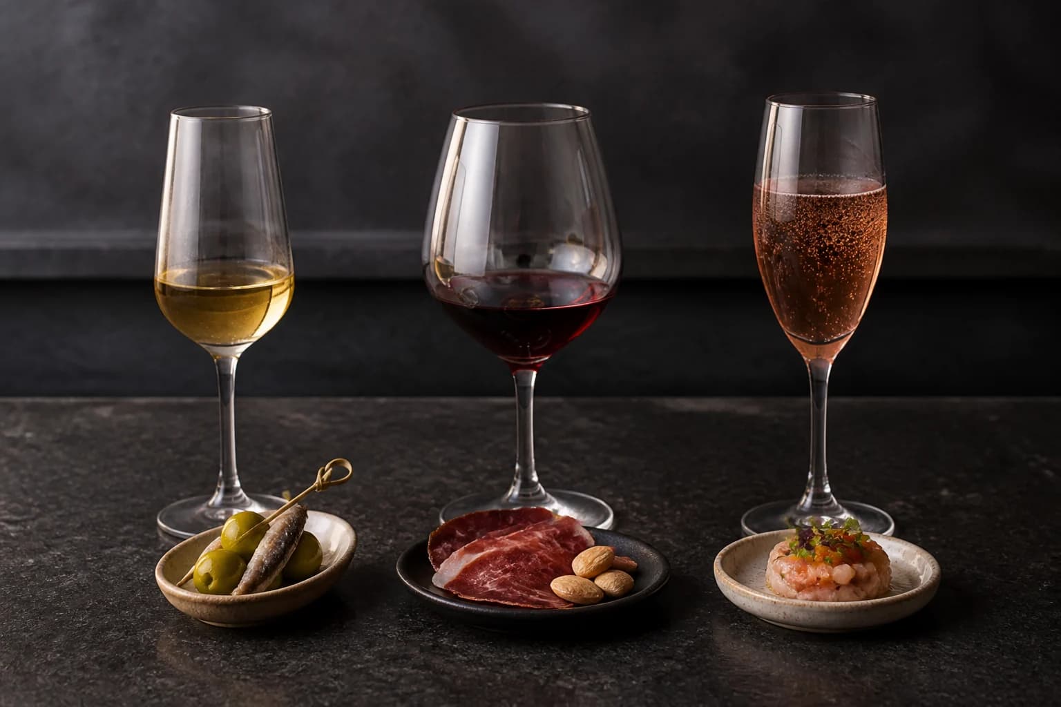 Fino, frisk rødvin og mousserende rosé med små tapas
