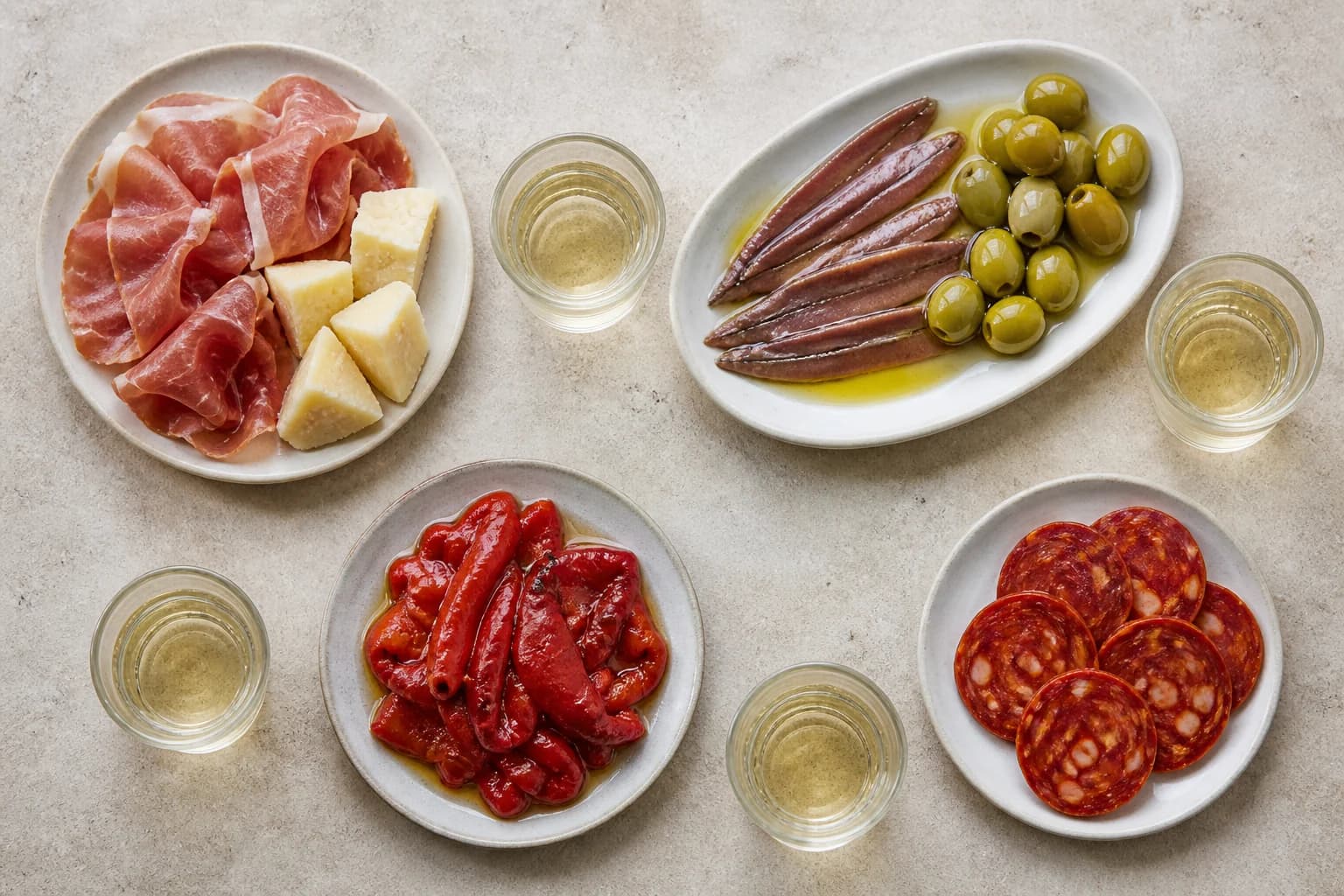 Skinke og ost, ansjoser, peberfrugt og chorizo set ovenfra