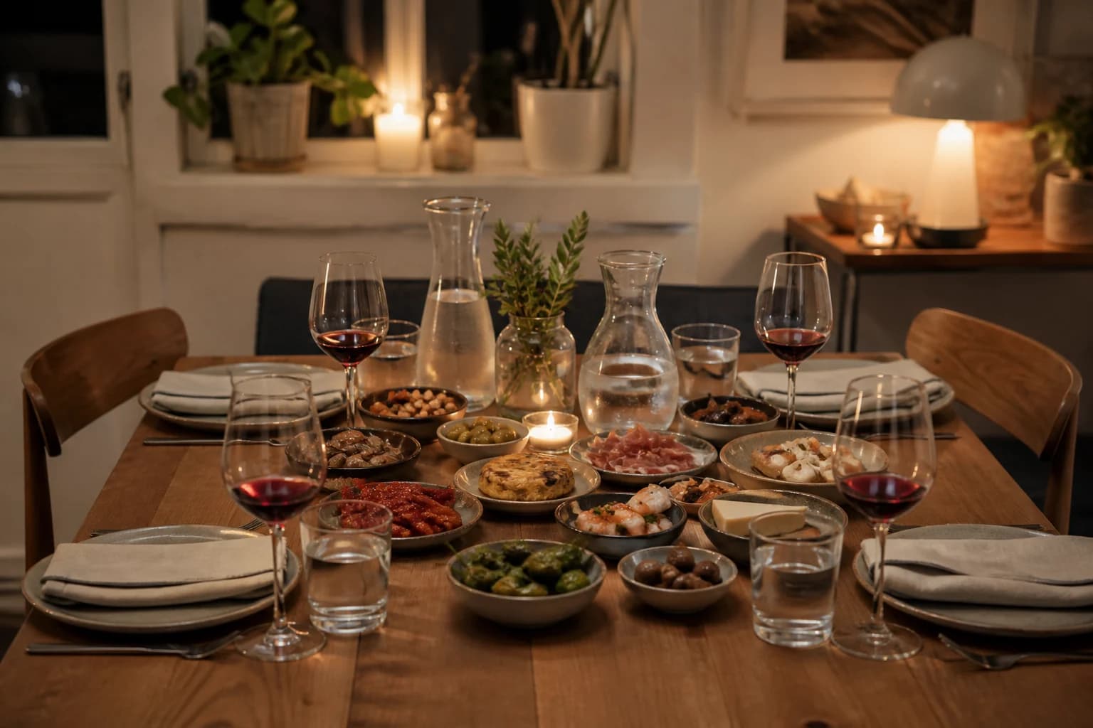 Tapasbord til fire med små vinskænkninger og vandkarafler