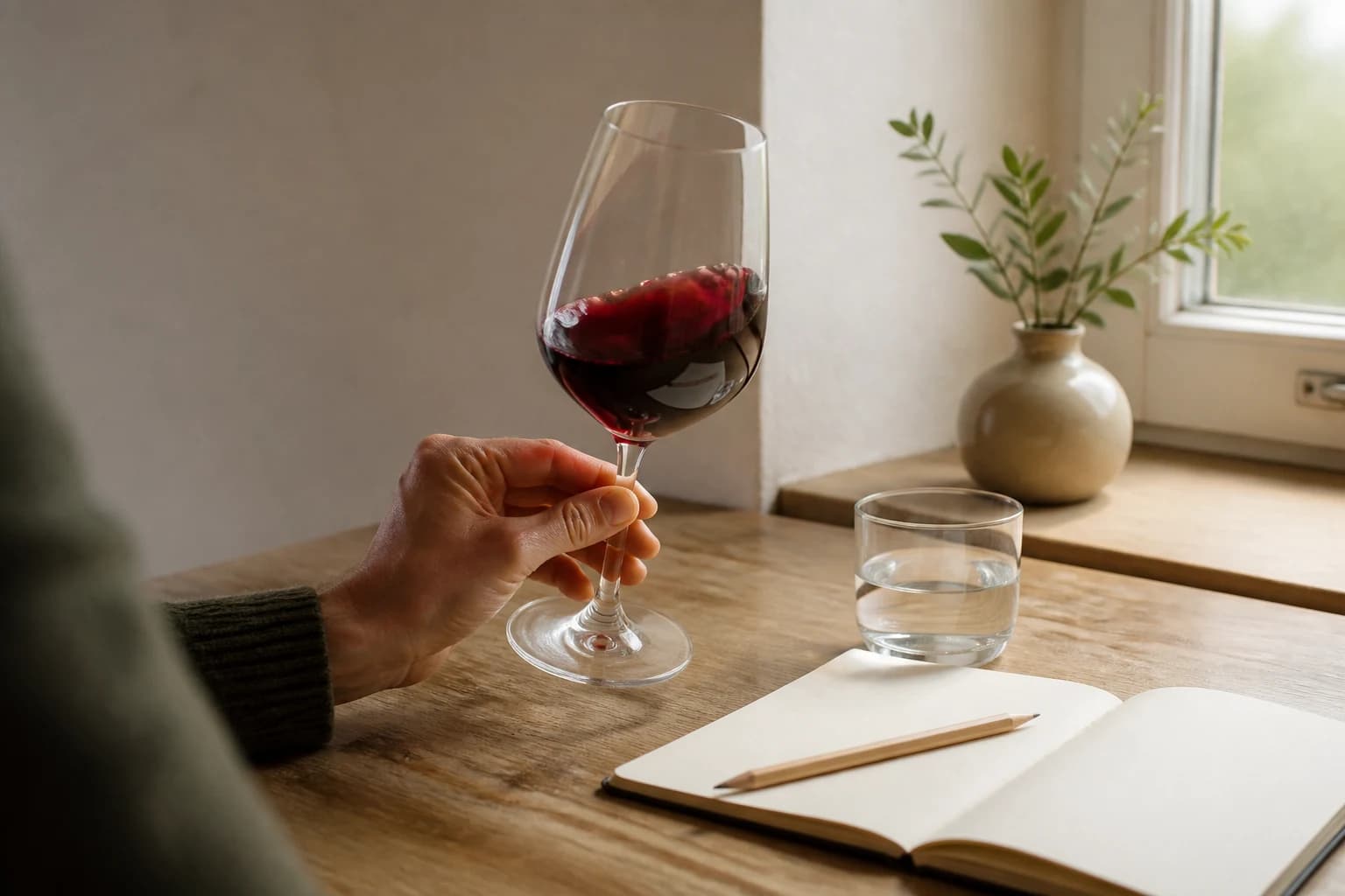 En hånd slynger et glas rødvin ved siden af vand, notesbog og blyant