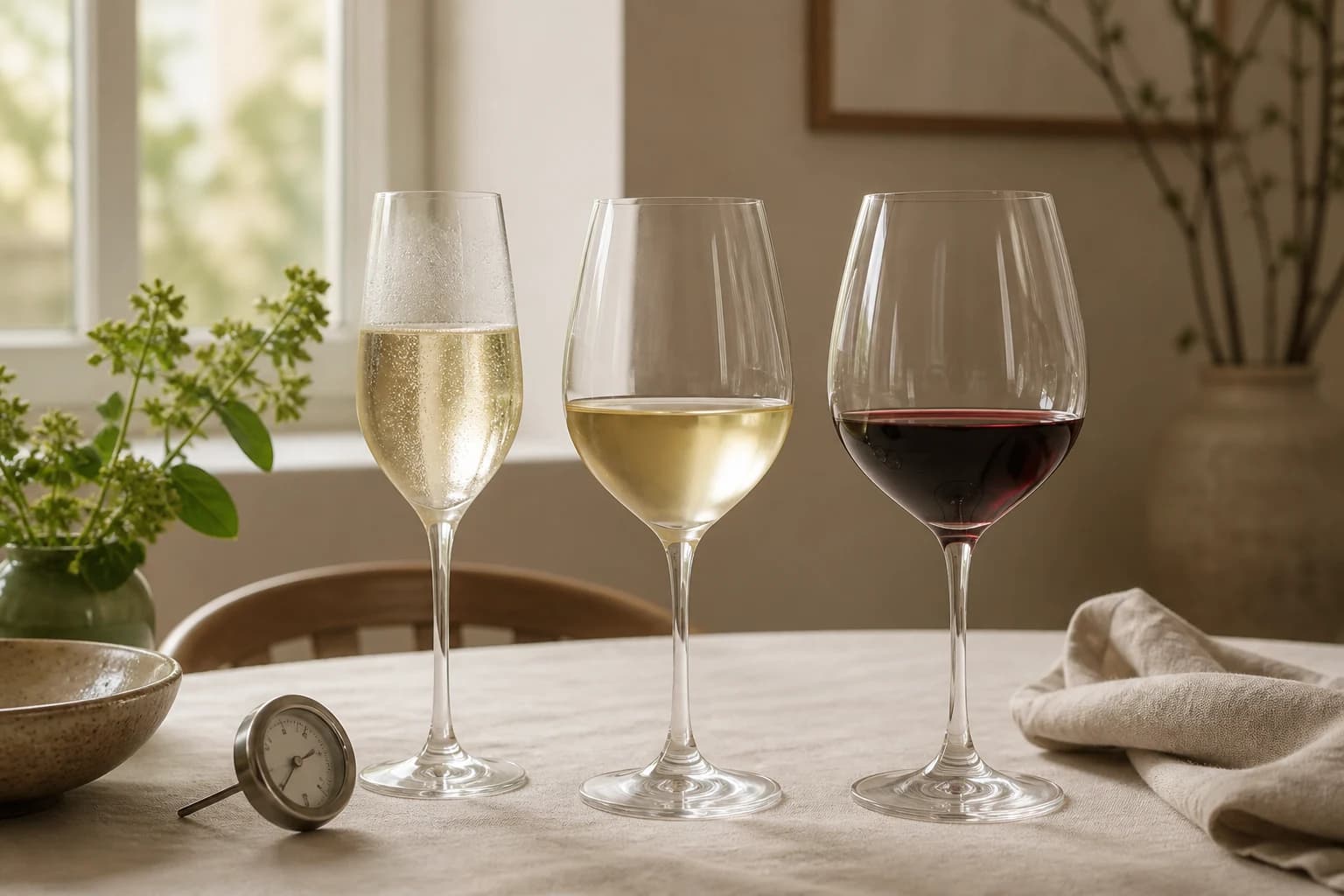 Tre vinglas med mousserende vin, hvidvin og rødvin ved siden af et termometer